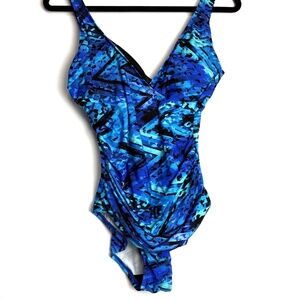 Miradonna by Miraclesuit Shaping Padded V-Neck Swimsuit Size 10 Blue Black